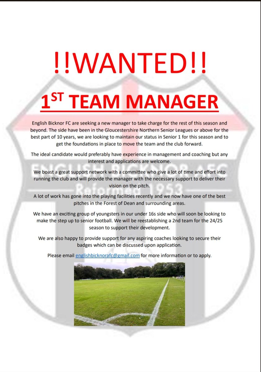 ⚪️⚫️ Manager vacancy ⚪️⚫️ We are seeking a new manager to take control of our first team for the rest of this season and beyond. Details below ⬇️⬇️⬇️ Please email englishbicknorafc@gmail.com if interested #EBFC