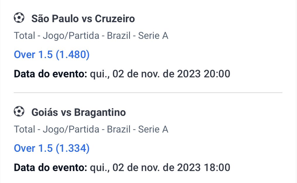 🚀 Dupla do Dia 02.11

🏟️ Partidas:

🇧🇷 São Paulo x Cruzeiro
🇧🇷 Goiás x Bragantino

📊 Odd @ 1.97

💰 Investimento da Aposta: 1 unidade