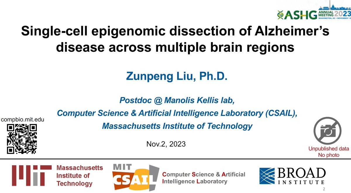 manoliskellis's tweet photo. Don't miss @ZunpengLiu 's #ASHG talk on #SingleCell #MultiRegion #Epigenomic dissection of #Alzheimers next in Room 207A/Level 2 (11:30am) #ASHG23
Integrate: 576 samples, 2.3M cells (1.5M #scRNA x 900k #scATAC), 6 brain regions, 30 cell types and subtypes
Results: 419k regulatory elements, active/repressed compartments, Epigenome Erosion, Transposon Reactivation, Entorhinal Cortex & Hippocampus selective epigenomic vulnerability, 
Team: @ZunpengLiu, @__Ben_James__, @Xushen18, @Carles_Boix, #KikiGalani, #LiLunHo in @DrLiHueiTsai and @ManolisKellis labs. 
Very proud of the whole team at @MIT, @BroadInstitute, @MIT_CSAIL, @MIT_Picower, @MITEECS, @MIT_SCC
More info: https://t.co/VobNG66sQI
Big thanks to: @NIH, @NIHAging, @CureAlzheimers