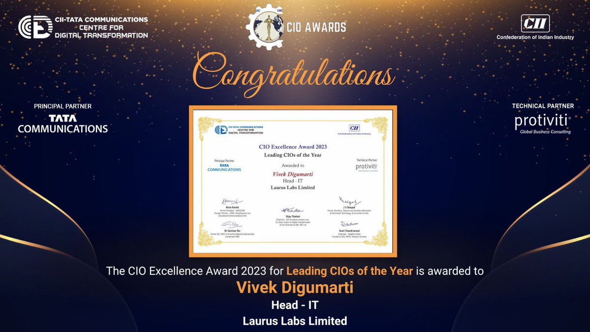 Vivek Digumarti, Head of IT at Laurus Labs Limited, has been presented with the certificate for Leading CIO of the Year 2023.

#CIO #CII #CIOExcellenceAwards #CIOConclave #Digitaltransformation #Digital #Innovation #Awards #CIIawards