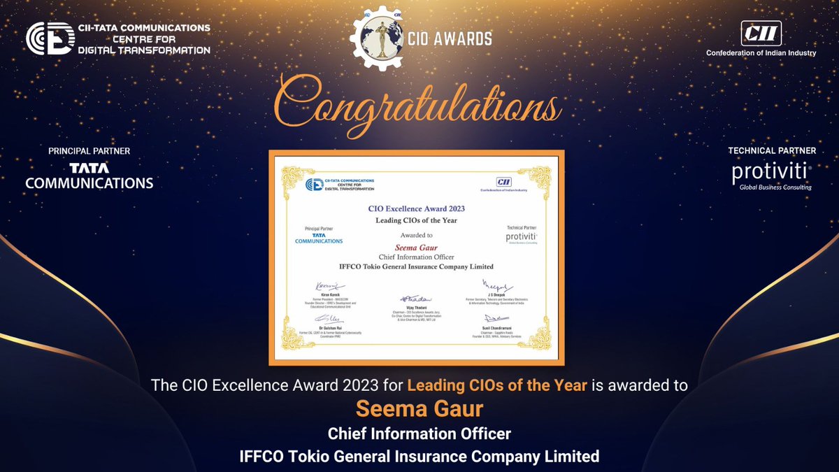 Seema Gaur, Chief Information Officer at IFFCO Tokio General Insurance Company Limited, has been honored with the certificate of Leading CIO of the Year 2023.
#CIO #CII #CIOExcellenceAwards #CIOConclave #Digitaltransformation #Digital #Innovation #Awards #CIIawards