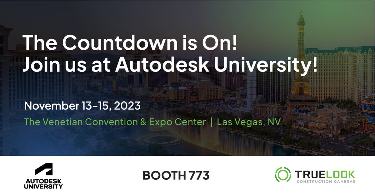 TrueLook's tweet photo. Mark your calendars! TrueLook is gearing up for the 2023 Autodesk University Tradeshow! Visit us at Booth 773 from November 13-15 at the Venetian Convention and Expo Center. We can't wait to share the latest in construction technology with you! 🏗️🔧 #AU2023 #TrueLook https://t.co/vTw5Vj6Oy8