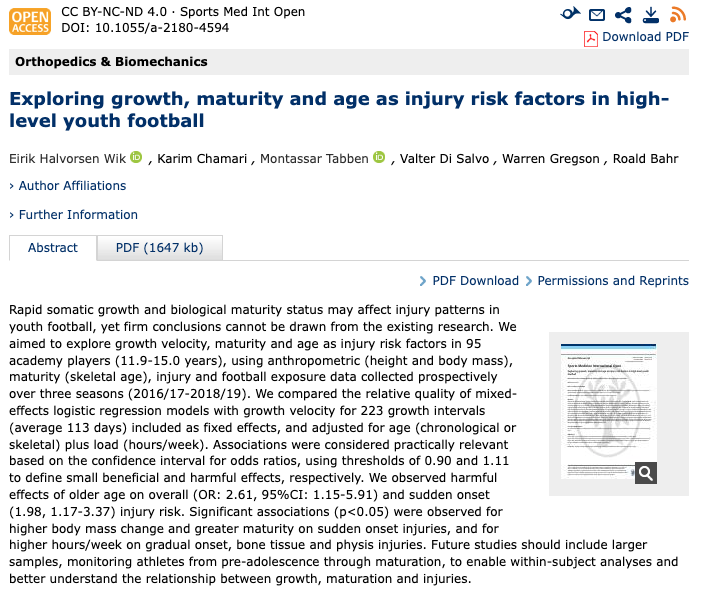 New publication out: 'Exploring growth, maturity and age as injury risk factors in high-level youth football'⚽ Preliminary (pre-typeset) full-text available here: tinyurl.com/3a6jabe9