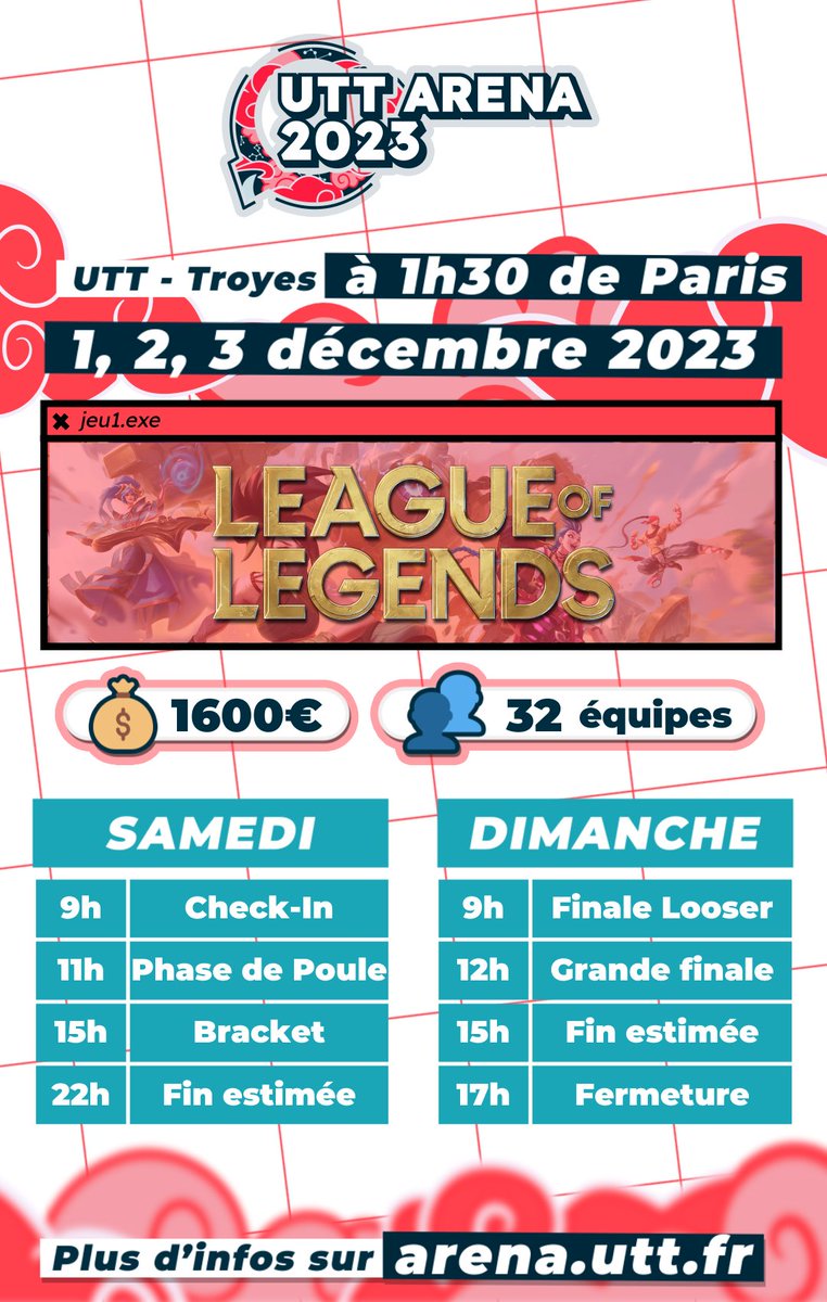 UTTArena's tweet photo. 📢 Ouverture Inscriptions UTT Arena du 1er au 3 décembre 📢
L’UTT Arena revient cette année pour un nouveau tournoi LoL de 32 équipes.  
💰 1600€ de cashprize 
🚅 Troyes à 1h30 de Paris 
🎊 Buvette et animations tout le weekend
Inscriptions : https://t.co/U8BjiQ0p22 https://t.co/oaI4HPKwyU