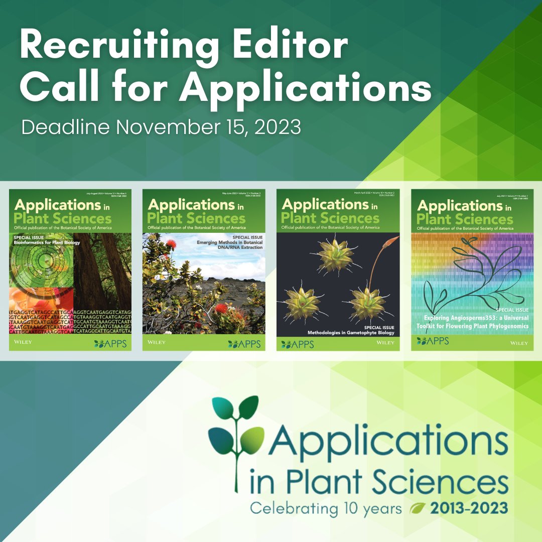 🌱DEADLINE APPROACHING!🌱

Apply to be #AppsPlantSci's Recruiting Editor and help your Society journal grow by recruiting authors, articles &amp; special issues.

Application deadline: Nov. 15

More info here: botany.org/open-call-for-… 

@wileyplantsci #iamabotanist #botany