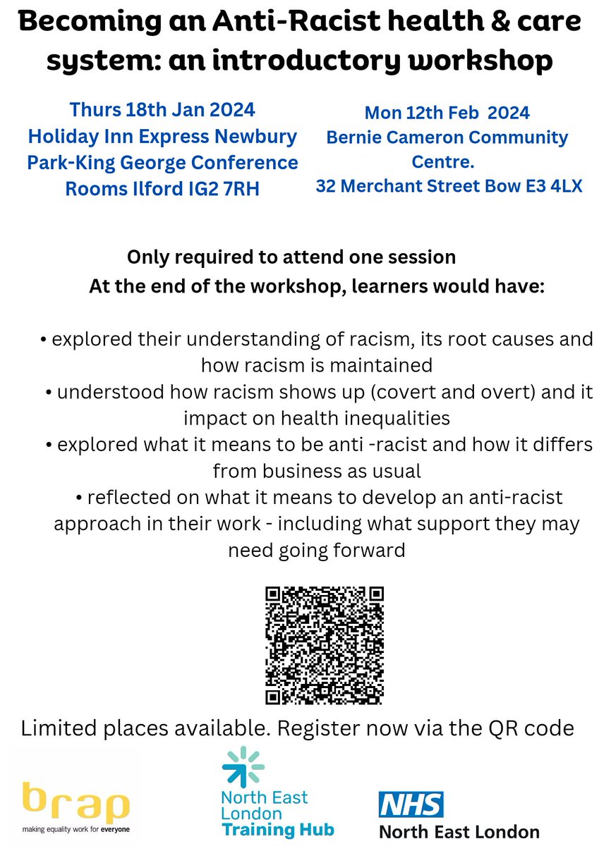 'Becoming an Anti-Racist Health &amp; Care system' launched! Staff across NEL invited to one of these workshops being held early 2024. Come &amp; engage in a safe and reflective environment learning about Racism in health care &amp; its impact. Do promote! Book here: shorturl.at/diyUW