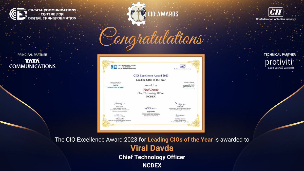 Viral Davda, Chief Technology Officer at NCDEX, has been awarded with the certificate for Leading CIO of the Year 2023.

#CIO #CII #CIOExcellenceAwards #CIOConclave #Digitaltransformation #Digital #Innovation #Awards #CIIawards