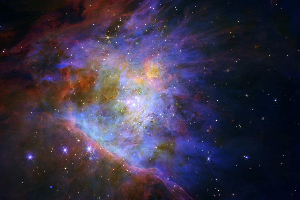 colorful mess - Orion's Nebula Trapezium Cluster, combining JWST NIRCam long wavelengths (red), short wavelengths (green) and HST (blue):