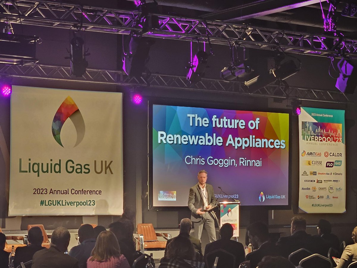 LiquidGasUK's tweet photo. Chris Goggin, Operations Director at @Rinnai, is now on stage and discussing what Rinnai are doing on the journey to Renewable Liquid Fuel Appliances. #collaboration #workingtogether #innovation #renewableliquidgases #LGUKLiverpool23 https://t.co/Ab7QQ5NwUG