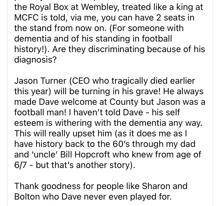 THFM5683's tweet photo. @Official_NCFC so what’s your official take on this then? The fact that his wife was “…… told recently by Notts (not even by CEO or Director) Dave is no longer welcomed into the Boardroom or Directors Box there!” 

Shocking treatment and not what he would receive from @ManCity https://t.co/9FBxp691r0