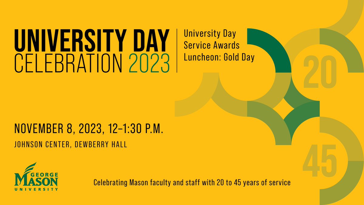 GMU_TV's tweet photo. Mark your calendars!!!
Tune in Wed. (11/8) at noon for University Day - Gold Day to celebrate @GeorgeMasonU faculty and staff with 20 to 45 years of service! 💛✨👏

Watch here ➡️ https://t.co/MKu0IDvHd3 https://t.co/PwWG2ukAaS