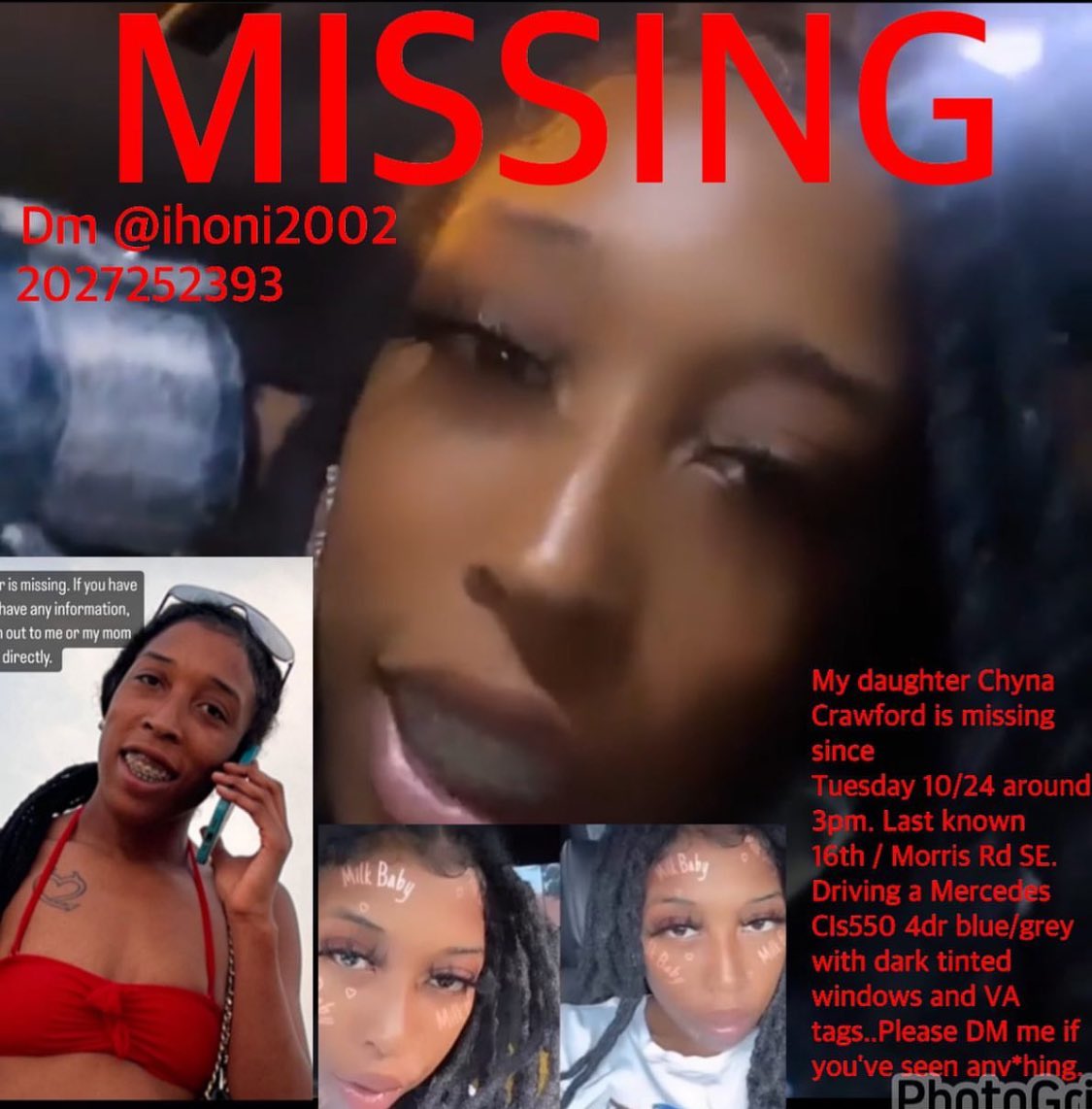 JrandSiyMotherr's tweet photo. PLEASE KEEP REPOSTING ALL FLYERS EVERYTHING COUNTS @FoxNews @fox5dc @fox5ny @FOX5Atlanta CHYNA CRAWFORD STILL MISSING IF SEEN OR HEARD ANYTHING CALL IMMEDIATELY NUMBERS LISTED BELOW 🗣️🗣️🔊 #cousincomehomeplease💔 https://t.co/8aeGlmcqW4