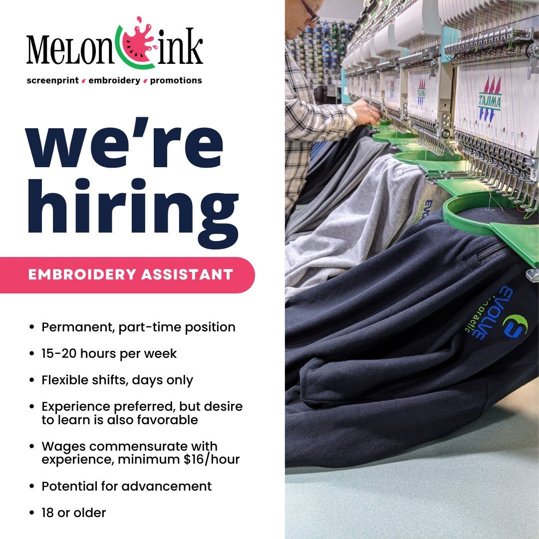 MelonInk's tweet photo. Join our team! Permanent, part-time position available assisting our in-house embroidery manager.

Please send your resume to brian@melonink.com or call 847.540.8003 and ask for Brian or Andrew. https://t.co/tmDmfcmfiK