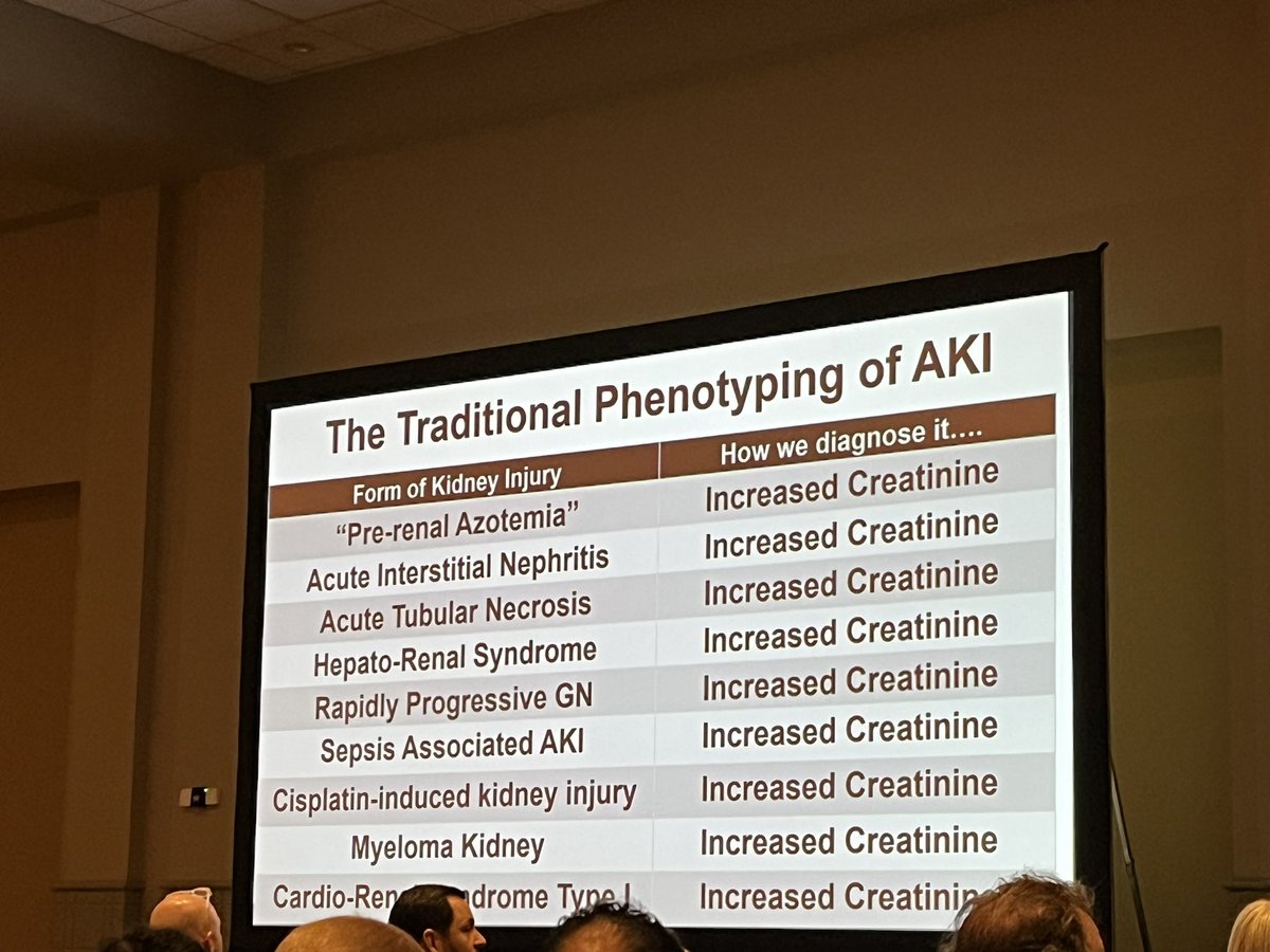AI in AKI session continues with the inimitable <a href="/jaykoyner/">Jay Koyner</a> discussing risk scores for AKI diagnosis and phenotyping #Kidneywk 

Need better markers than just SCr