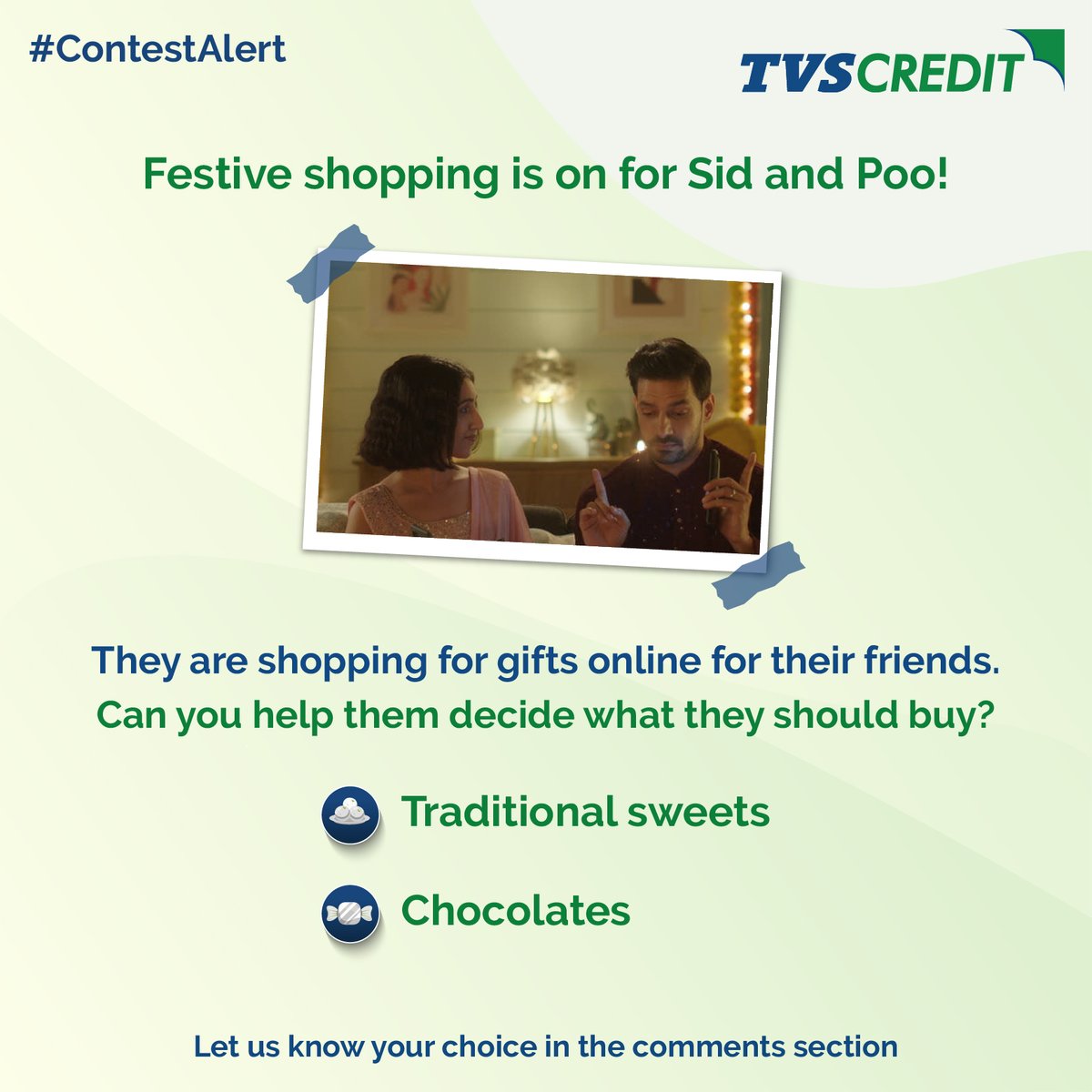 TVSCredit's tweet photo. Festive season is on. And that means gift-shopping! 

Sid and Poo are going the online route this time but are having a hard time deciding what to get. Help Sid and Poo decide what to get for their friends. Let us know your preferences in the comments. Tag your friends too and stand a chance to win an exciting voucher.

#TVSCredit #SidAndPoo #MarriageStory #MarriageGoals #MarriedLife #StayTuned #ContestAlert #TwoWheelerLoans
