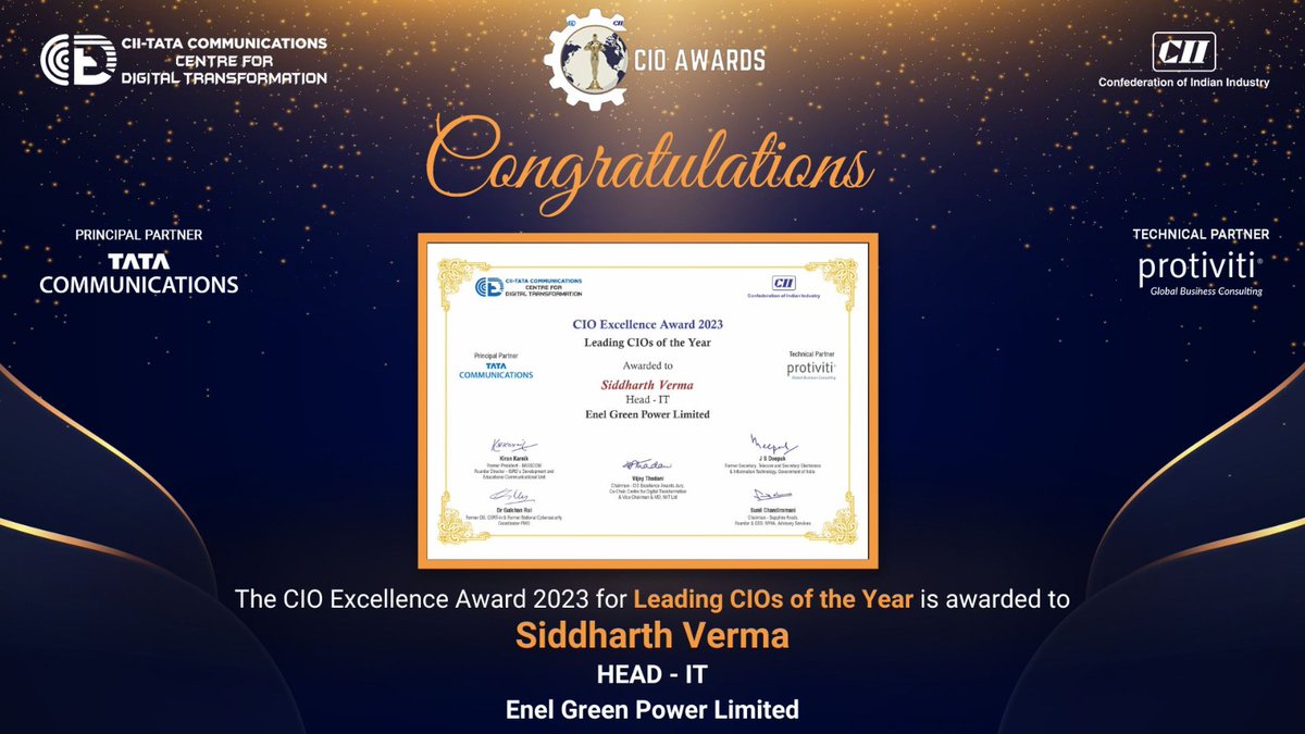 Siddharth Verma, Chief Information Officer at Enel Green Power Limited, has been honored with the certificate of the Leading CIO of the Year 2023.
#CIO #CII #CIOExcellenceAwards #CIOConclave #Digitaltransformation #Digital #Innovation #Awards #CIIawards