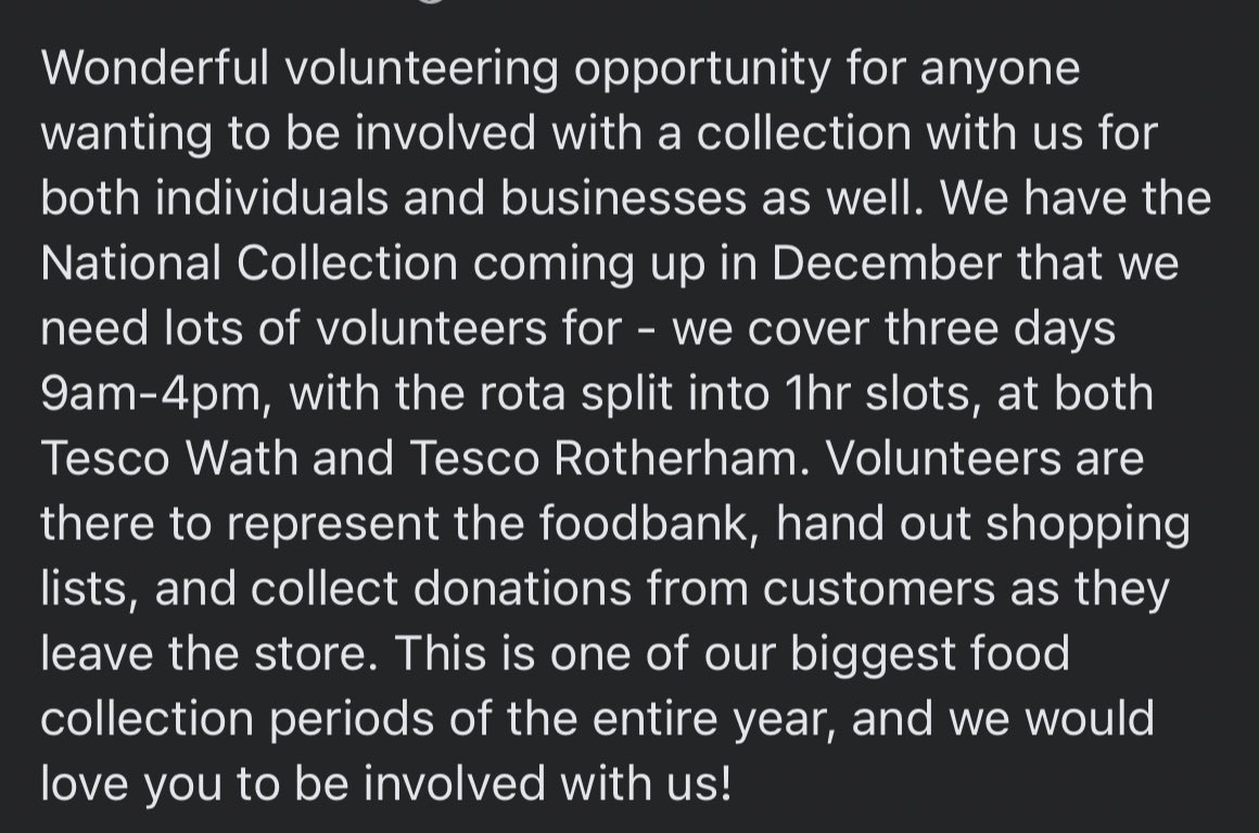 Volunteers needed!! 
Please email us at info@rotherham.foodbank.org.uk or message us on here!