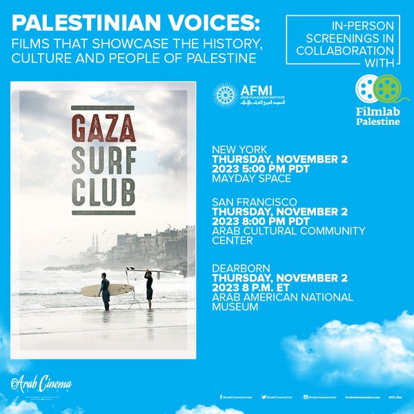 ArabCinemaCntr's tweet photo. Embrace the power of Palestinian Voices! 🎥🇵🇸 

our #ACC partner @FilmLabPal organized a global effort, in which @arabfilmmedia has joined, to present in-person screenings of our #ACCPartner @MAD_Solutions' film 'Gaza Surf Club' by Philip Gnadt and Mickey Yamine today! https://t.co/tNvO1tnaQH