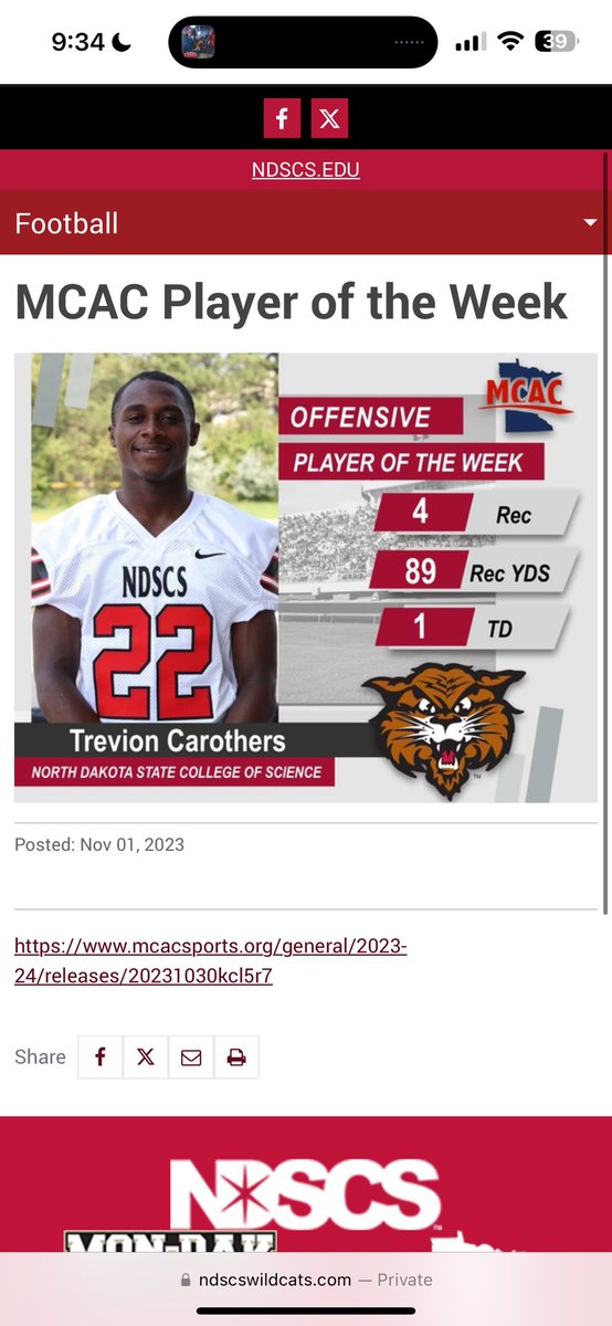 First team all conference WR and offensive player of the week💪🏾🤝🏾