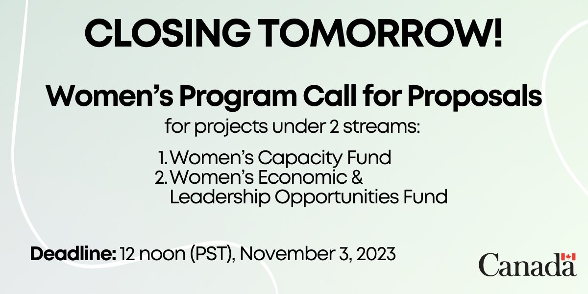 Women and Gender Equality Canada (@wage_fegc) on Twitter photo 📢 Don’t miss the deadline!  
 
We’re looking to fund projects that support Canadian women’s, Indigenous, or other equality-seeking organizations with experience advancing equality for women.  
 
Get info and apply here: ow.ly/kcMv50POChB 📢 Don’t miss the deadline!  
 
We’re looking to fund projects that support Canadian women’s, Indigenous, or other equality-seeking organizations with experience advancing equality for women.  
 
Get info and apply here: ow.ly/kcMv50POChB