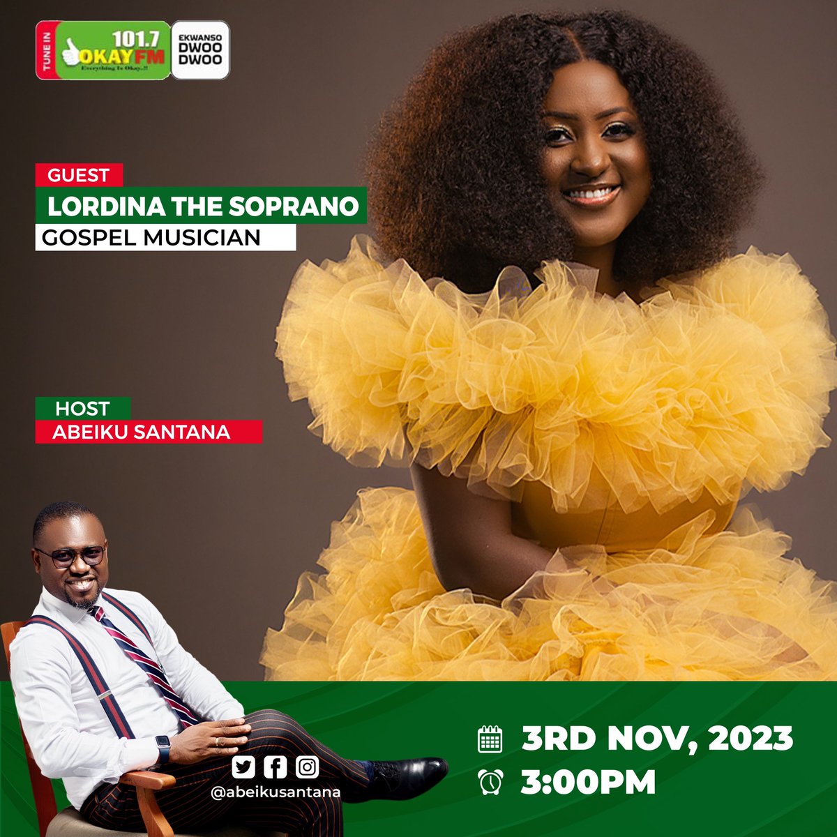Lordina_Soprano's tweet photo. Let’s have another date tomorrow at 3pm @Okay1017fm  with The @AbeikuSantana to talk about #charis https://t.co/VJmTAiXniu
