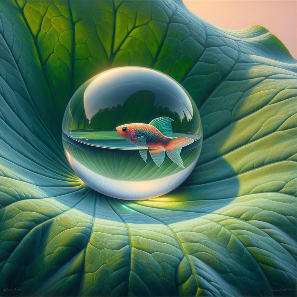DoncorCom's tweet photo. @celticguyva @gunsnrosesgirl3 With Ai anything’s possible. It only took me 15 seconds to make this photo using the prompt; “A fish in a drop of water on a lotus leaf”. Imagine what I can accomplish in an hour. https://t.co/fd4FnXreTj
