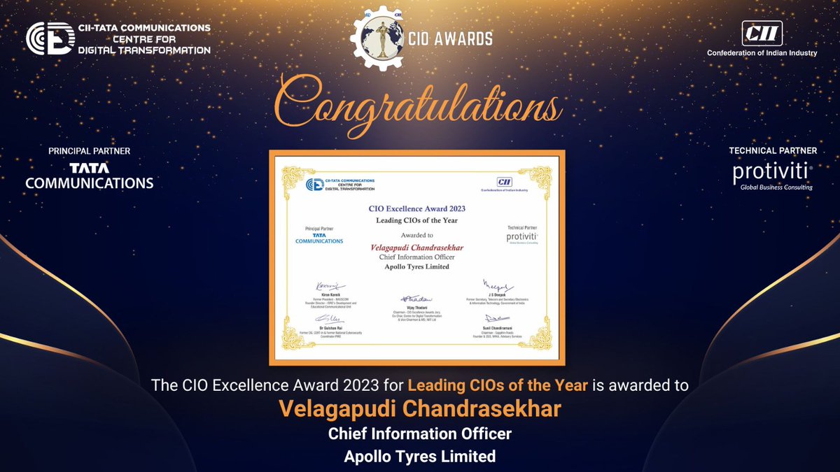 Velagapudi Chandrasekhar, Chief Information Officer at Apollo Tyres Limited, has been honored with the certificate of Leading CIO of the Year 2023.
#CIO #CII #CIOExcellenceAwards #CIOConclave #Digitaltransformation #Digital #Innovation #Awards #CIIawards