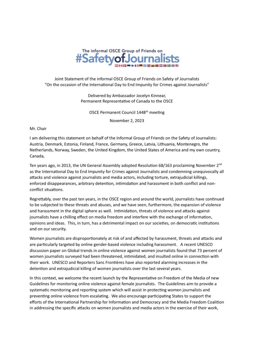 sojosce's tweet photo. Joint Statement of OSCE Group of Friends on #SafetyofJournalists #EndImpunity. 10 years ago, UN proclaimed 2 Nov as Int’l Day to End Impunity for Crimes against Journalists. Regrettably, in OSCE region &amp; around the world, journalists continue to be subjected to threats &amp; abuses. https://t.co/McNRwNCWXl
