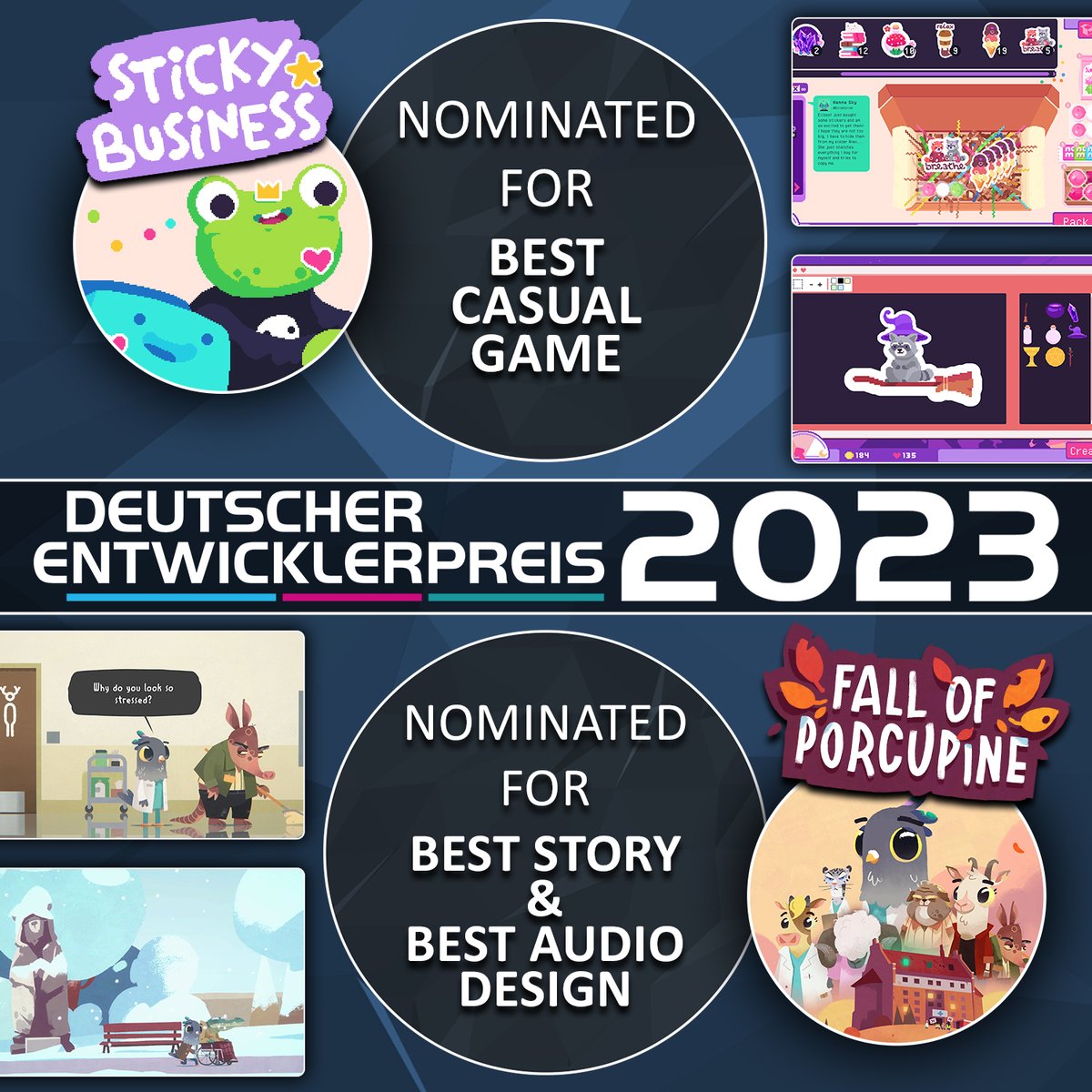 AssembleTeam's tweet photo. 🎉 Exciting news!

Sticky Business by @SpellgardenDevs is nominated for "Best Casual Game" and Fall of Porcupine by  @CritRabbit for "Best Story" &amp; "Best Audio Design" at  German Developer Award 2023! Congratulations to both teams!

@Entwicklerpreis #indiegames #gamedev #gaming https://t.co/pJSBPhFIZn