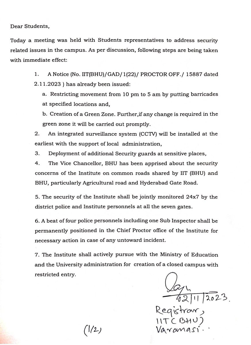 raoprashant61's tweet photo. Update: After a ten-hour-long, persistent protest, the majority of our demands have been acknowledged and assured by the Indian government and police officials that they will be implemented immediately.
#IITBHU  #IITBHUProtest https://t.co/if8118RTTp