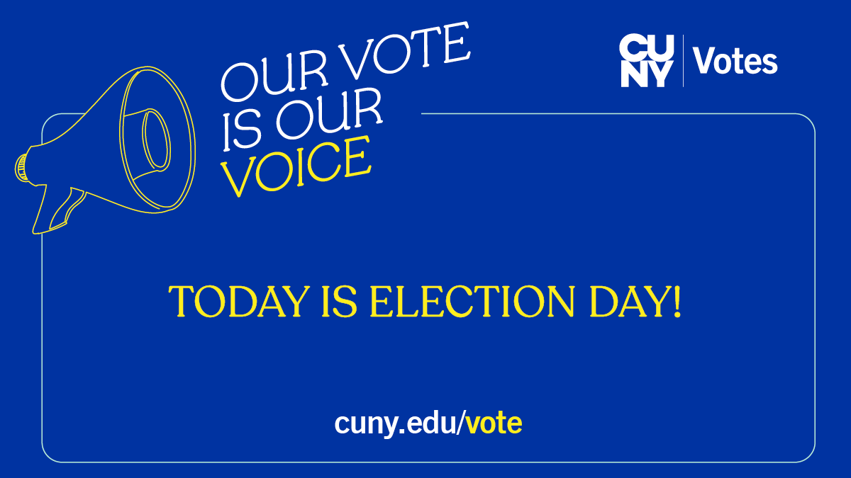 CUNY's tweet photo. 📢 It's Election Day! Get out and vote!

🗳️ Look up your ballot: https://t.co/v9RAyjnpkP 
📍 Check your early voting poll site: https://t.co/xDokKMSw8Q

#CUNYVotes #NYCVotes https://t.co/VHT5FgrSL8
