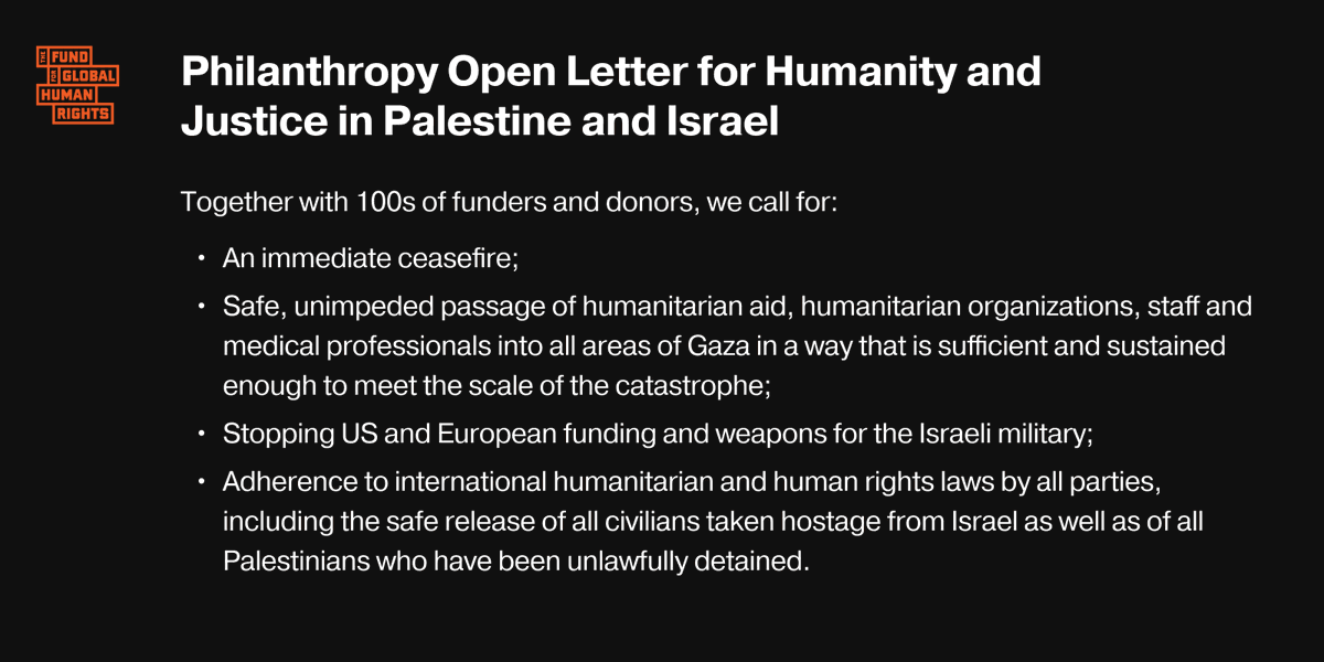 We’ve joined hundreds of funders and donors in signing the Philanthropy Open Letter for Humanity and Justice in Palestine and Israel demanding an immediate ceasefire. #CeasefireNOW

Read the full letter➡️funders4ceasefire.org