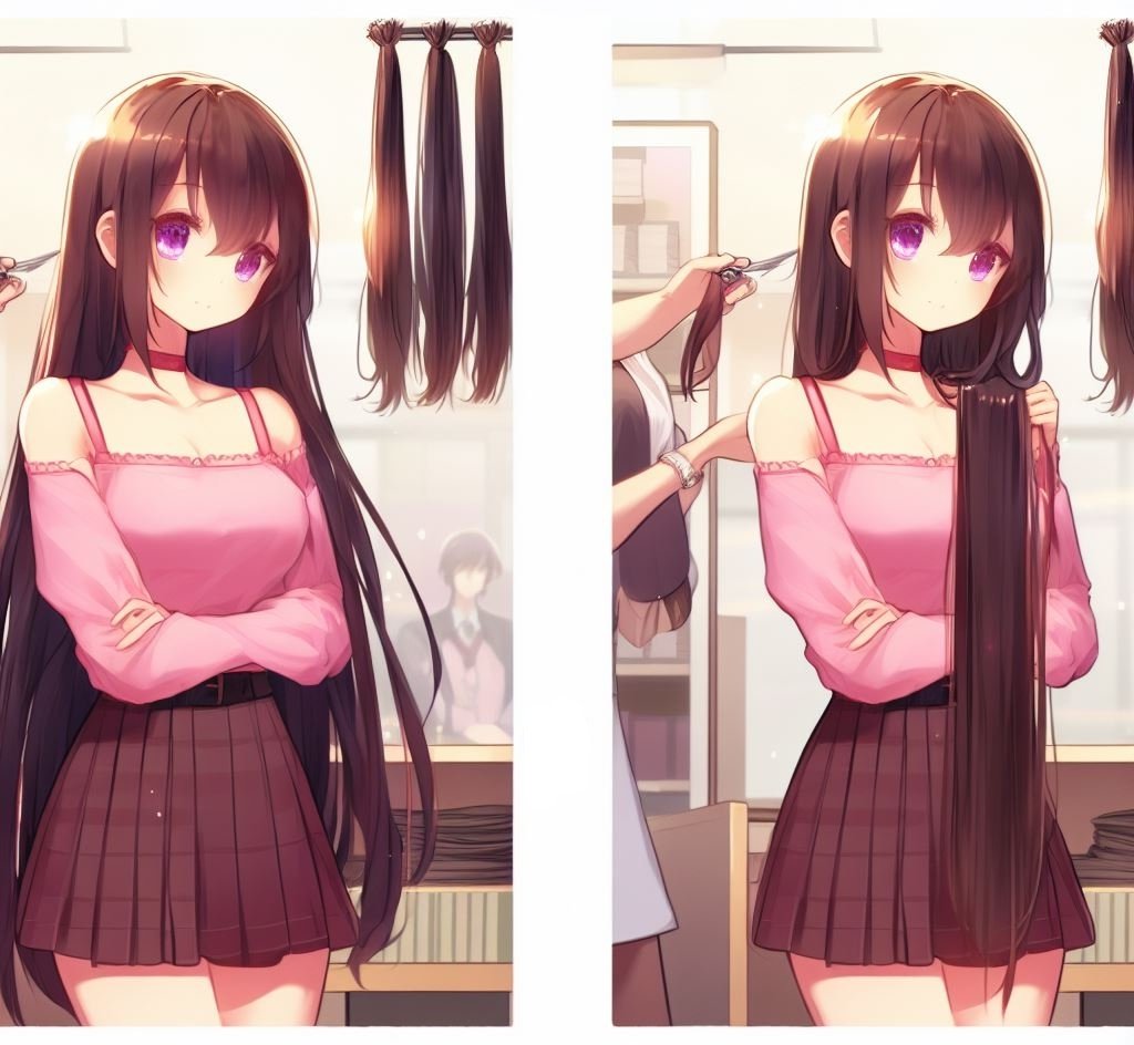 Hu_AIHaircut's tweet photo. Donating Hair? 😍
#BingAI #bingimagecreator #AnimeArt #animegirl #haircut #AIart #longhair #shorthair #bobbedhair #longtoshorthair #beforeafter #hair #hairstyle #AIgirl #girl https://t.co/UvtCZtSVC1