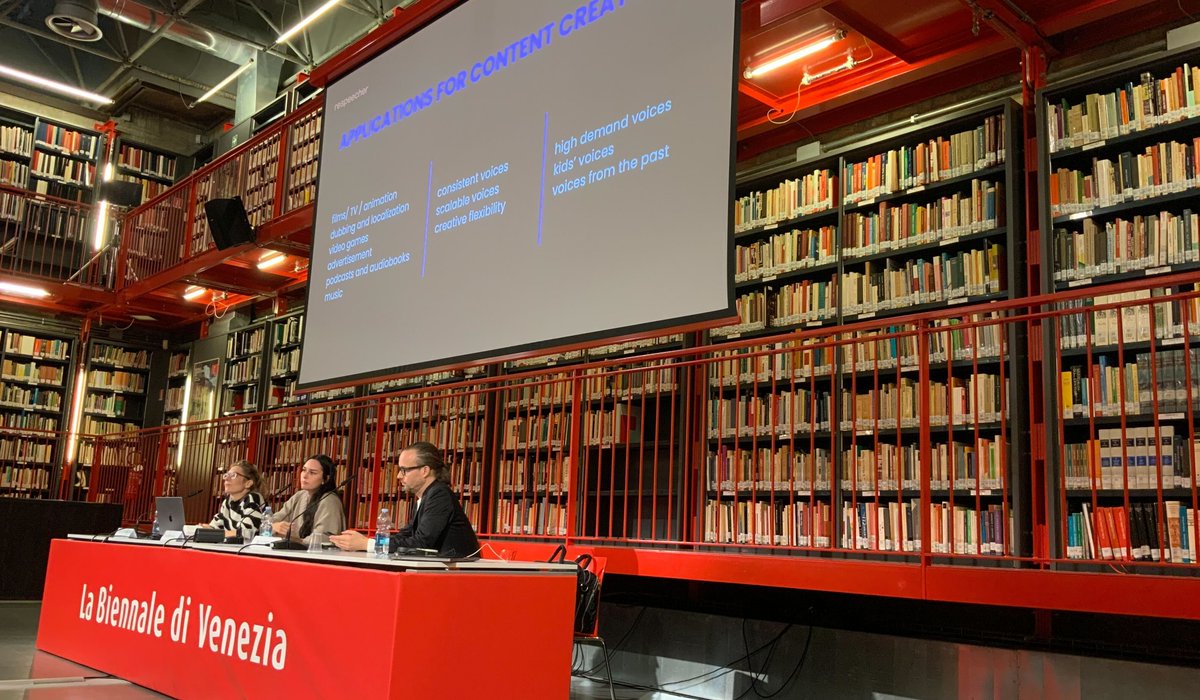 respeecher's tweet photo. Margarita Grubina represented Respeecher at the Venice Biennale Musica @la_Biennale. She, along with dramaturgist Moritz Lobeck and composer Brigitta Muntendorf, engaged in an insightful discussion about #deepfakes, #deeplearning, #voicecloning, and #digitalsound print. https://t.co/QzKLZEvStr
