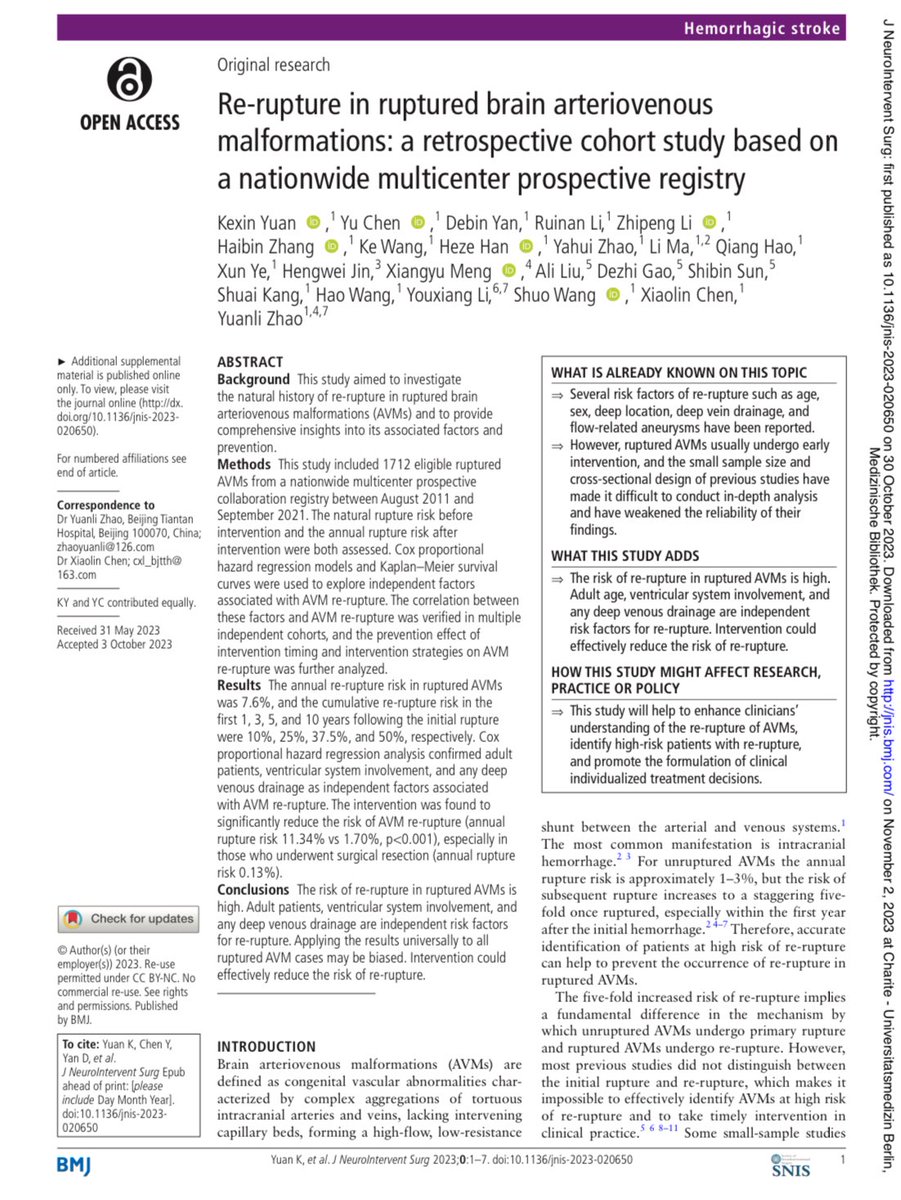 ‚The cumulative re-rupture risk in the first 1, 3, 5, and 10 years following the initial rupture were 10%, 25%, 37.5%, and 50%, respectively.‘ corrects myth that re-rupture of AVM is unlikely - esp relevant when pts sent to #radiosurgery. saying bc I saw 2 of this type today