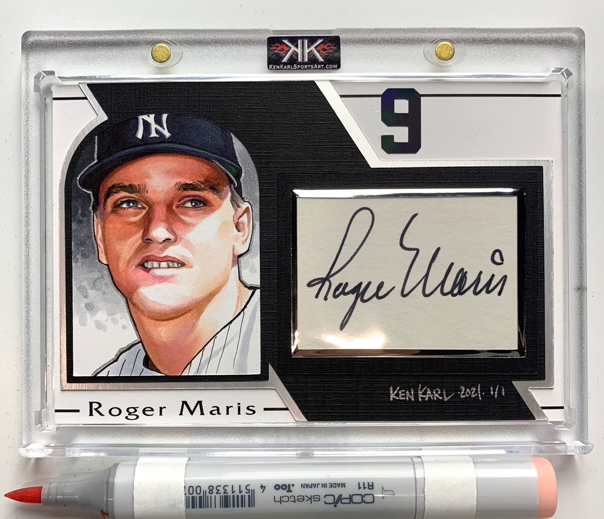 KenKarlArt's tweet photo. OTD in 1960, Roger Maris is named AL MVP🏆 This is a hand drawn, hand crafted 1/1 art card with his autograph built in💥 ➡️➡️ DM me to repurpose that autograph of yours into a one of a kind work of art🤔
#cardart #thehobby #autographedcards https://t.co/St5w9qWgYK