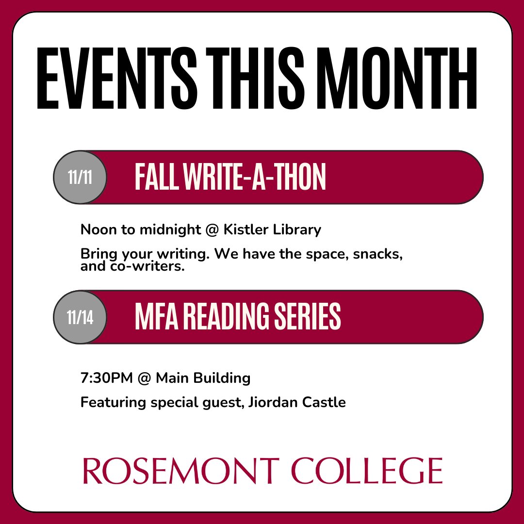 Stay warm and #creative with us this month with these #writing events on campus. Friends new and old are always #welcome.

#WritingCommunity #Philly #amwriting #readingcommunity #NaNoWriMo