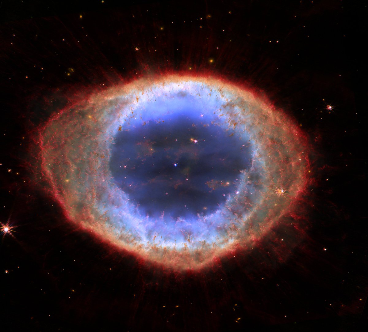 my attempt at combining  JWST's view of the Ring Nebula (from NIRCam, in warm colors) and Hubble's famous image (in cold colors). Not all the stars stayed in place...