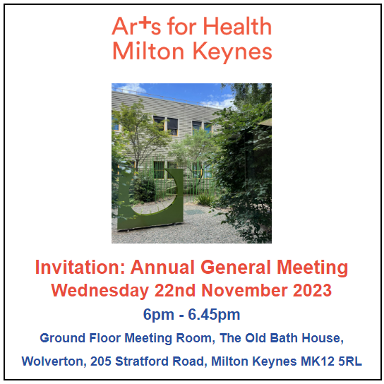 artsforhealthMK's tweet photo. Join us on Wednesday 22nd November for our AGM 6pm at the Old Bath House, Wolverton. Meet our Trustees, hear of our achievements in 2022-23 and find out our future plans for 2024! To register your place please email info@artsforhealthmk.org.uk. Invite link https://t.co/yXFeseDTQ6 https://t.co/hH0kkwhMh7