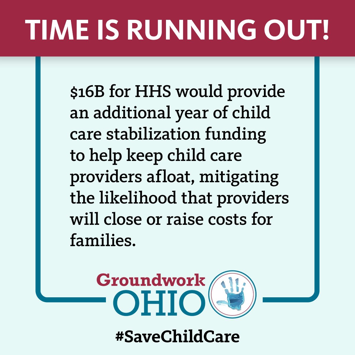 The clock is ticking for federal policymakers to #SaveChildCare by approving $16 billion in emergency funding to help Ohio’s children and families. #GWMomentum