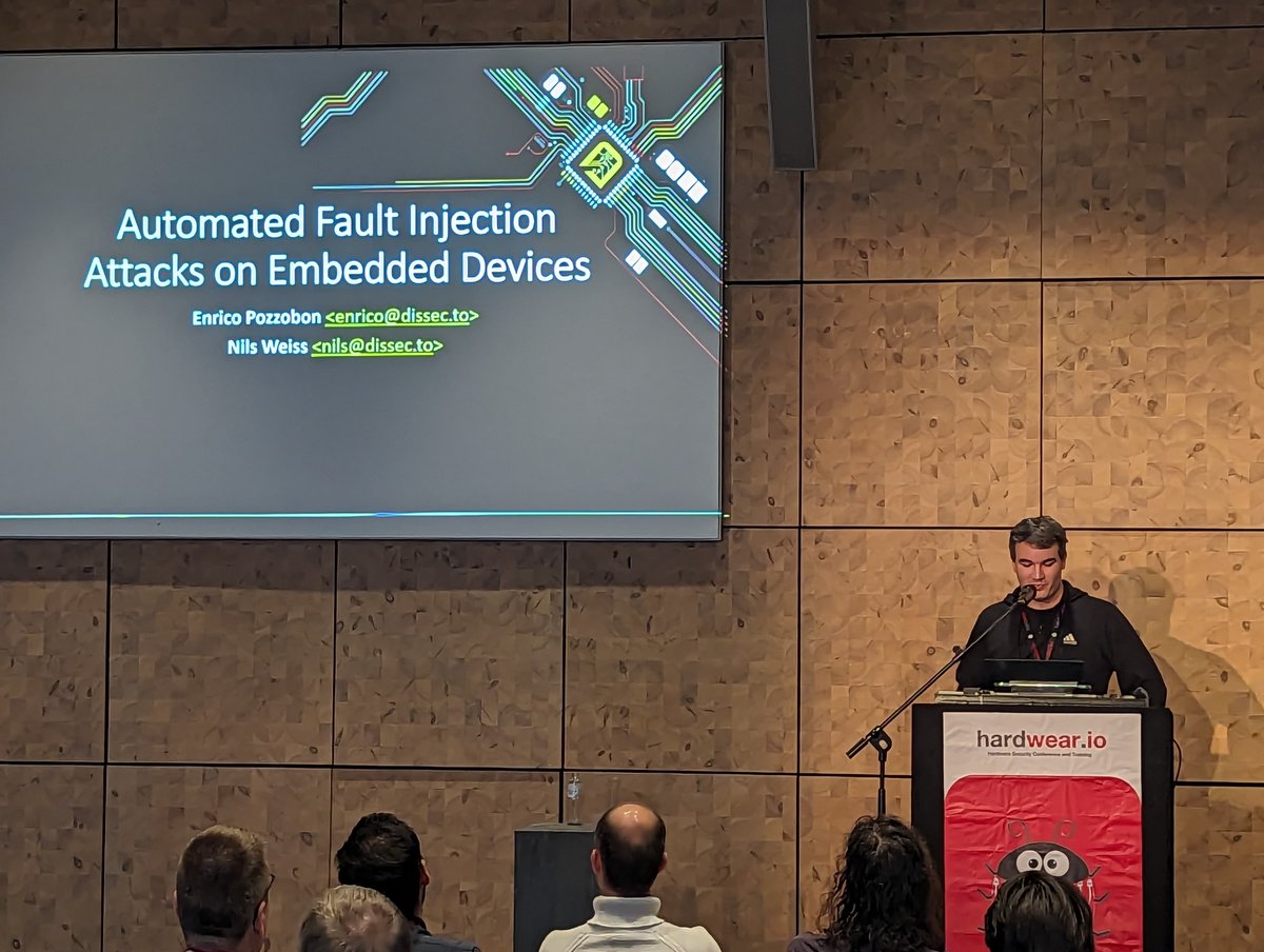 hardwear_io's tweet image. 🟢Live visuals from💡Automated #faultinjection attacks on #embedded devices by Enrico & Nils
Presenting how architectures react differently to FI + possibility to obtain code execution & JTAG uncensoring within an hour
#hw_ioNL2023 #hardwaresecurity #Conference
