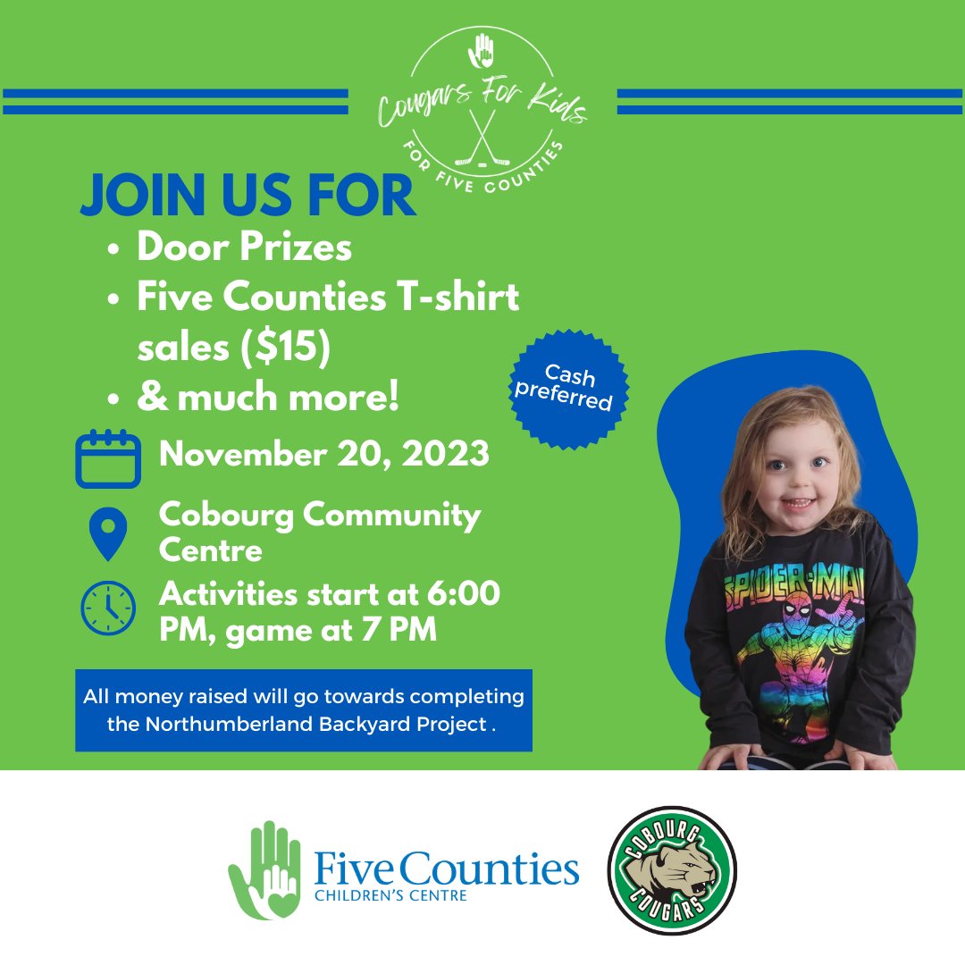 Come out Nov. 20 to #CougarsForKids + watch <a href="/CougarsHockey/">Cobourg Cougars</a> take on North York, while supporting our kids! 
⌚Pre-game festivities 6 pm, game at 7 pm
📍Cobourg Community Centre
🎫 Tickets available through Cougars
💙 Kids under 12 accompanied by adult + wearing jersey get in free