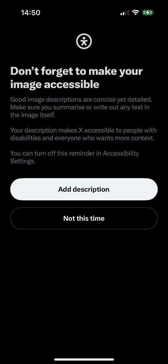 LordAtrexia's tweet image. Settings &amp;amp; Support - Settings &amp;amp; Privacy - Accessibility- Display &amp;amp; Languages- Accessibility- Receive image description reminder ✅

Turning on this setting gives you  a reminder to add a description when you add a photo. This is read to blind folks via our screen readers 🙏🩵