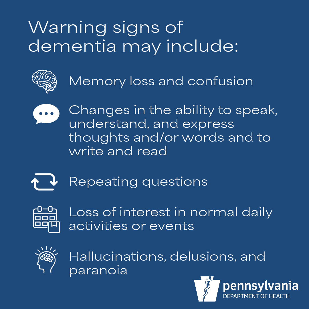 PAHealthDept's tweet photo. Memory problems are often one of the early signs of Alzheimer's disease, but not the only one. For more information on other warning signs, visit: https://t.co/MO1LlqHL9o https://t.co/BlHFsJKbn3