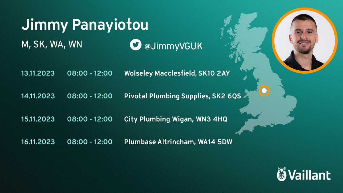 Join me week commencing 13th November at the following locations with the Vaillant UK Show Van 🐰

Drop by to find out more about brand new re-mastered flagship boiler the ecoTEC plus, our award winning air source heat pump the aroTHERM Plus and our new smart home ready controls!