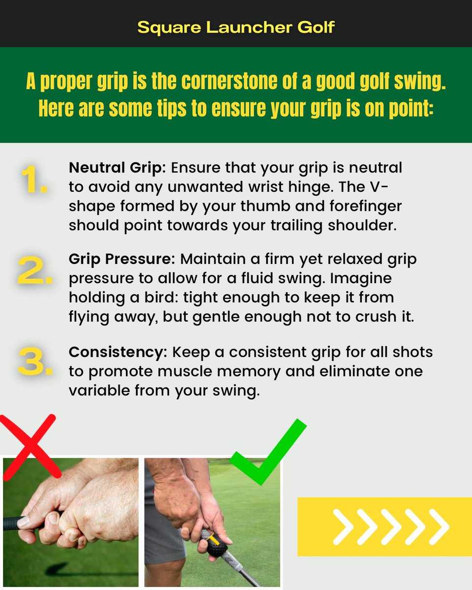 SquareLauncher's tweet photo. A good grip is the foundation of an effective golf swing 🏌🏼‍♂️
⛳️At SLG, we always emphasize that your hands are the only part of you touching the club, so it's crucial to get this right. 
⛳️A neutral grip allows better control making it easier to square the club head at impact. https://t.co/vyOXfXT2iQ