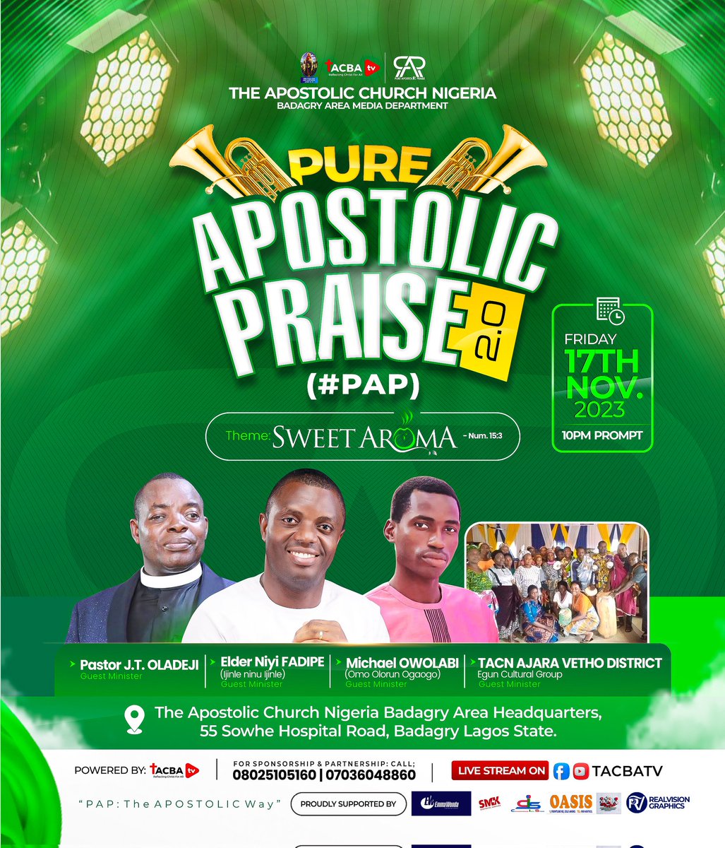 TACBATV's tweet image. BEHOLD THE LORDS CHOSEN FOR THIS SEASON!

IT&apos;S SWEET AROMA AT THE PURE APOSTOLIC PRAISE SEASON 2

PAP: The Apostolic Way

Please 🙏 don&apos;t forget to subscribe to our YouTube Channel: youtube.com/TACBATV 
#PAP2 #SweetAroma #TACBATV #TACN #BADAGRYAREA #PRAISE #KIND #PAP