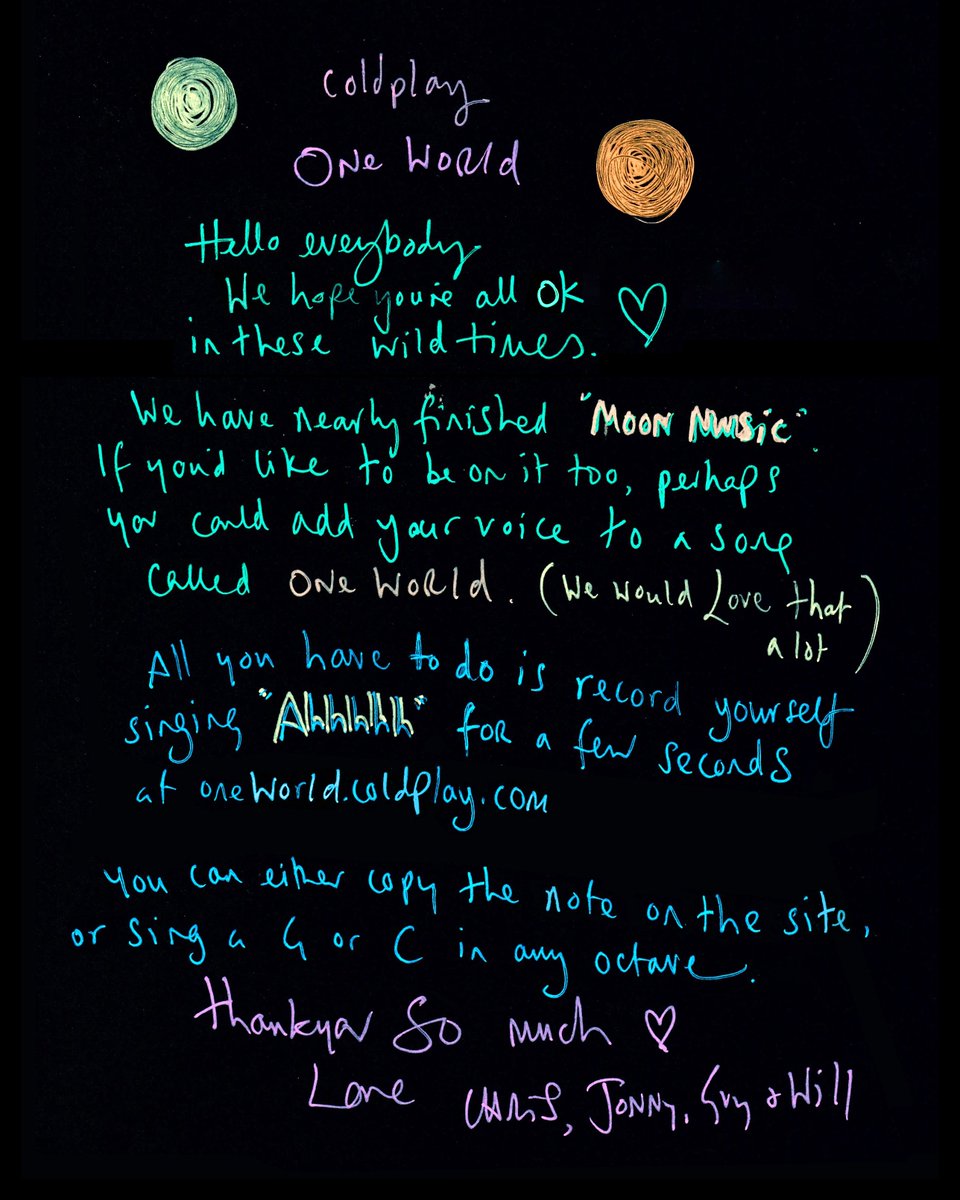 coldplay's tweet image. oneworld.coldplay.com

#OneWorld #MoonMusic