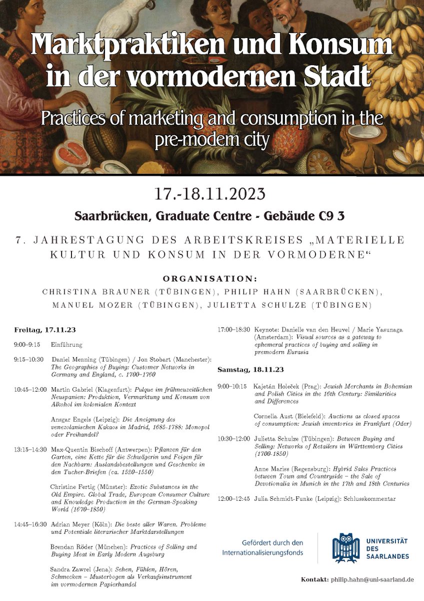 Marketing and Consumption in the pre-modern city - looking forward to our upcoming international conference in Saarbrücken (17-18 Nov)! All welcome, participation via zoom on request (philip.hahn@uni-saarland.de) @hahnphilip80 @catnow92 @Jon_Stobart @AustCornelia @MarieYasunaga