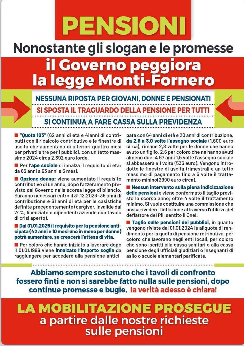 #opzionedonna #ApeSociale #Quota103 #pensioni #manovra #Manovra2024 #leggedibilancio #Fornero #GovernoMeloni #Meloni #Salvini #governodiincapaci #GovernoDellaVergogna #un_anno_è_anche_troppo 
@GiorgiaMeloni @w_rizzetto @CalderoneMarina @MEF_GOV @ClaudioDurigon @Antonio_Tajani